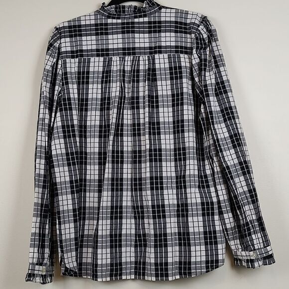 LOFT Long Sleeve Button Down Ruffled Blouse Black and White Plaid - Picture 9 of 12